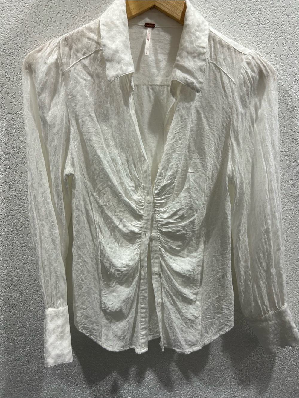 Free People White Gathered Front Button-Down Blouse